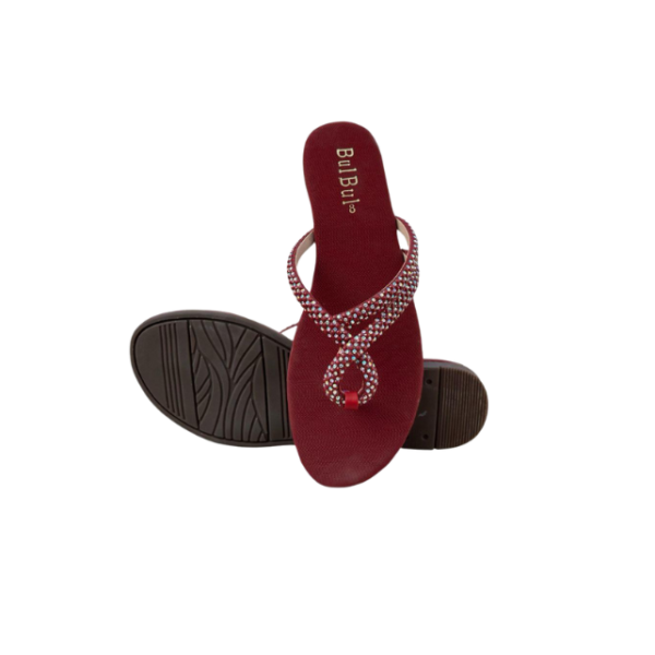 Maroon Crystal Slip-On Flat Slippers