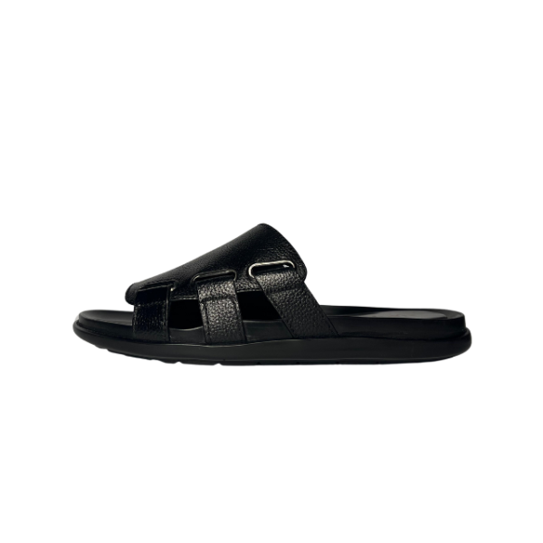 Black Double Buckle Leather Slippers - Image 2